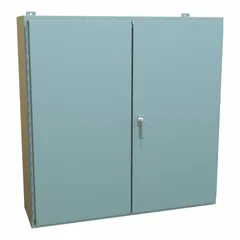 This NEMA 12 steel enclosure measures 42 x 42 x 12 inches and features a solid hinged cover with a handle closure. It includes a panel but no knockouts. Designed to protect electrical controls and components from dust, dirt, and non-corrosive liquids in industrial environments.