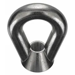 Steel eye nut with black oxide finish and oval shape. Inside diameter 2 1/2 in, outside diameter 5 1/4 in. Used for lifting and rigging applications where a load is attached to a threaded stud or bolt.