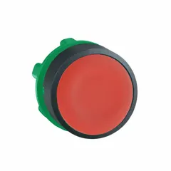 Flush-mount push-button operator from the XB5 series. Red non-metallic actuator with momentary action. Designed for 22 mm panel cutouts. Used in industrial control panels for momentary-contact operations such as machine start/stop or signaling functions.