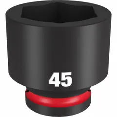 This 3/4" drive impact socket is designed for heavy-duty fastening and loosening of 45 mm metric fasteners. The 6-point configuration provides secure engagement, while the black phosphate finish offers corrosion resistance. Suitable for use with impact wrenches in industrial maintenance, construction, and equipment assembly.