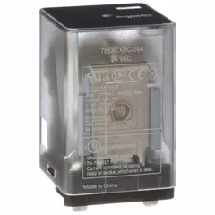 Socket-mounted relay with 3PDT contact configuration, 24V AC coil, and 10 A current rating at 30V DC for resistive loads (UL conforming). Square base with flat pins and blade terminal connections. Suitable for switching loads in control panels and automation systems.