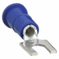 Vinyl-insulated block fork terminal for #6 stud size, accepting 16 AWG to 14 AWG wire. Butted barrel style. Rated 600 V. Used for terminating wires in control panels, electrical distribution, and machinery wiring requiring secure, removable connections.