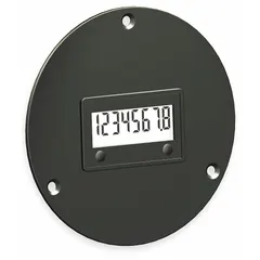 Digital hour meter with round bezel and flange mounting for front panel installation. Operates on 10 V AC/DC to 300 V AC/DC, displaying elapsed time in tenth-hour increments. NEMA 4 rated enclosure suitable for washdown or outdoor environments. CE certified.