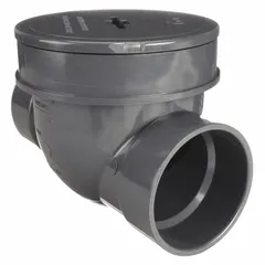 This backwater valve is made of PVC with socket connections for a 2-inch pipe size. Rated for a maximum working pressure of 43 psi (CWP), it is used in drainage systems to prevent sewage backflow into buildings during heavy rain or system overloads. Suitable for residential and light commercial plumbing applications.