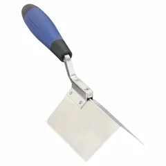 This outside-corner drywall trowel features a stainless steel blade measuring 5 inches in length and 2-1/2 inches in width. The blade is designed for finishing drywall outside corners and applying joint compound. The tool includes a rubber handle for grip.