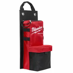 This red nylon wide-mouth tool bag measures 9-3/8 inches wide by 7 inches deep by 22 inches high. It features 2 external pockets for quick-access storage and no internal pockets. The tall profile accommodates longer tools, suitable for carrying and organizing tools on job sites.