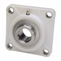 This food-grade flange-mount ball bearing features a PBT plastic housing and H-1 grease lubricant, suitable for applications requiring hygiene. It has a 7/8 in cylindrical bore, set screw locking, and 3/8 in mounting bolts. The inch-system, not-split housing design provides a 3 3/4 in length
