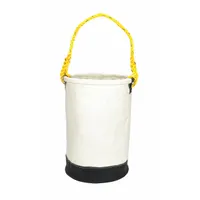 Canvas bucket bag in off-white with open top and one pocket. Measures 10 1/2 in width, 16 in height, 10 1/2 in length. Suitable for carrying tools and supplies on job sites