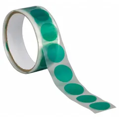 These 2-inch diameter polyester film discs feature a silicone adhesive for high-temperature masking applications such as powder coating, plating, and wave soldering. Each disc is 3.2 mil thick and green in color, supplied in packs of 100. The tape provides clean removal without residue after exposure to elevated process temperatures.