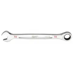 This chrome-finished, chrome vanadium steel wrench features a 12-point ratcheting box end and an open end for turning 3/4 in fasteners. Its standard-length design is suited for general industrial fastening tasks, including maintenance and assembly work.