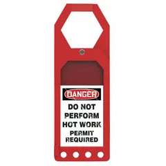 White single-part tag for Danger/Do Not Perform Hot Work Permit Required applications. Tag size #12, legend on one side only. Supplied as 1 tag without fastener. Used to indicate hot work permit status in industrial settings.