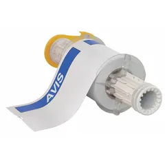 White vinyl precut label roll with AVIS header format, available in 4 in x 6 in and 6 in x 4 in sizes. Acrylic adhesive for indoor/outdoor use. Compatible with BBP85 printer series. Used for industrial identification, asset labeling, and safety signage.
