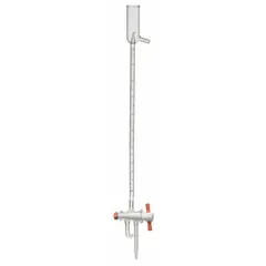 Class B automatic fill buret with 10 mL capacity, 0.1 mL increments, and ±0.04 mL tolerance. Made from borosilicate glass with an overall length of 515 mm. Used for precise liquid dispensing and titration in analytical chemistry and quality control laboratories.