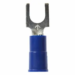 Vinyl-insulated fork terminal rated for 600 V, accommodating #10 stud size and 16 AWG to 14 AWG wire. Features a brazed barrel style for secure crimps. Used for making removable electrical connections in control panels, machinery, and industrial equipment.
