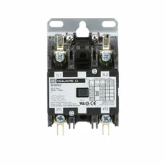 This SQUARE D 8910 Series Type DPA definite purpose contactor is a non-reversing, single-phase device with 2 normally open main poles. Rated 30 A with a 277V AC coil and maximum voltage of 600V AC, it features screw clamp terminals for secure wiring. Suitable for switching loads in HVACR and industrial equipment such as compressors, fan motors, and pumps.