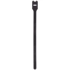 Slotted hook-and-loop cable tie for bundling and managing cables. Made of black polyethylene with a nylon/polyethylene composition. Width 0.5 in, maximum bundle diameter 1.91 in. Sold in a 10-pack. Suitable for use in control panels, data centers, and electrical installations where adjustable and reusable cable organization is required.