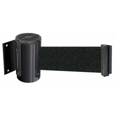 This wall-mount retractable belt barrier from TENSABARRIER features a 13 ft black belt and a black frame. It is designed for permanent installation using a fixed mounting plate, suitable for guiding pedestrian traffic and marking boundaries in areas requiring access control or queue management.