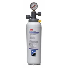 Activated carbon filter for drinking fountains and beverage machines. Reduces chlorine taste. 3.3 gpm flow rate, 35,000 gal capacity. NPT connections. Overall height 17 5/8 in, diameter 5 in.