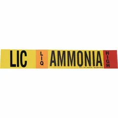 Ammonia adhesive pipe marker for liquid (LIQ) phase at high pressure, with IIAR abbreviation LIC. Fits pipe outer diameter 2-1/2 to 7-7/8 inches. Supplied without arrows. Used in industrial refrigeration systems to identify pipe contents per IIAR labeling standards.