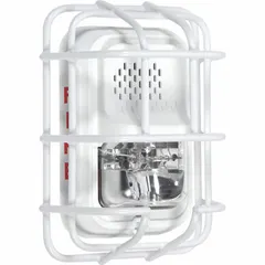 Steel wire cage guard for indoor wall-mounted L Series horns/strobes. White finish, flush mount, includes mounting hardware. Simple removal for maintenance. Overall dimensions: 6 3/16 in length, 2 1/2 in depth.