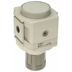 Die-cast aluminum air regulator from the AR-D series with 1/4 in NPT ports. Operating pressure range 7.251887 psi to 123.2821 psi, maximum 1 MPa. Used in compressed air systems to maintain stable downstream pressure for pneumatic equipment.