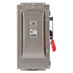 The Siemens HF321S is a 30 A, three-phase, 240V AC fusible safety switch with a 304 stainless steel enclosure for corrosion resistance. Suitable for indoor/outdoor use, it provides a visible disconnect for maintenance and overcurrent protection in industrial electrical systems.