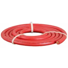 This WESTWARD jumper cable features a 2/0 gauge wire with a red jacket, 120-inch length, and a 190 A maximum current rating. Designed for cut-to-length installation, it is used for jump-starting vehicles and heavy equipment by connecting a dead battery to a live power source.