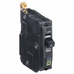 Bolt-on miniature circuit breaker from the QOB Series, rated 20 A at 120/240V AC single-phase. Provides overcurrent protection with a maximum interrupting rating of 22kA at 120/240V AC. Designed for use in Square D NQOD panelboards.
