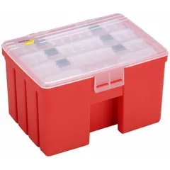 This red plastic compartmented box from PLANO MOLDING features five molded compartments for organizing small parts. Measuring 12 x 16 x 10 inches, it is suitable for sorting fasteners, fittings, and other components in maintenance, assembly, and workshop environments. Not ESD conductive.