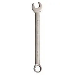 This combination wrench features a 24 mm 12-point box end and an open end, with an offset design for improved access to fasteners. Made from alloy steel with a satin finish, it has an overall length of 12 3/8 inches. Suitable for tightening or loosening metric fasteners in general maintenance and assembly tasks.