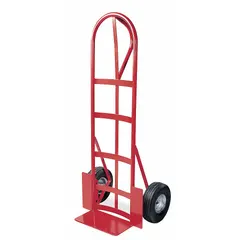 This hand truck features a single-loop handle and a red steel frame. It is equipped with 10-inch pneumatic wheels that absorb shock on uneven surfaces. Suitable for moving loads in warehouses, factories, and delivery settings.