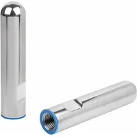 This protective end cap is designed for use with hygienic leveling mounts, covering exposed threads in sanitary environments. It features a 304 stainless steel sleeve with a silicon rubber seal, M12 thread size, 12 mm thread length, 102 mm inside height, and 24 mm overall diameter. The cap is 3-A Sanitary Certified, suitable for applications requiring washdown cleaning and bacterial growth prevention