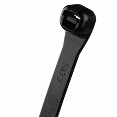Black nylon cable tie for bundling and securing cables, wires, and hoses. Nominal length 19 in, maximum bundle diameter 5 3/16 in, width 0.38 in. Suitable for outdoor use. Supplied in a 50-piece pack.