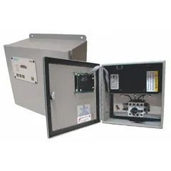 Enclosed external-mount surge protective device for three-phase 120/240V AC high leg delta systems. Steel enclosure, voltage protection rating 700V (N-G), includes dry contacts for remote monitoring. Max. continuing operating voltage 150/320 V AC.