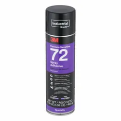 3M Pressure Sensitive 72 is a general purpose spray adhesive for bonding and repair. It offers high tack and pressure-sensitive adhesion for interior use, bonding particle board and compatible with concrete and masonry. Supplied in a 24 fl oz aerosol can with a blue lace spray pattern, this adhesive is LEED compliant.