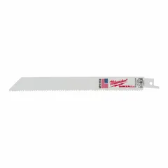 This 25-pack of general purpose reciprocating saw blades features an 8-inch length and 0.05-inch thickness. Designed for straight cuts in wood, metal, and plastic, suitable for demolition, plumbing, and electrical work.
