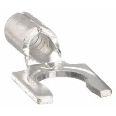 Non-insulated locking fork terminal for #10 stud size, accepting 12 AWG to 10 AWG wire. Rated 600 V. Suitable for secure connections in control panels, machinery, and power distribution where insulation is not required.