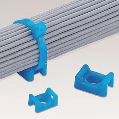 Low-profile screw mount cable tie base for securing wiring bundles. Accommodates light-heavy and standard cable ties. Features a 0.61 in width, 0.32 in slot width, 0.09 in slot height, and #8 screw mount hole. Color: Aqua. Pack of 100.