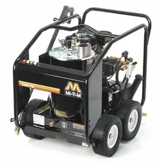Cart-mounted hot water pressure washer delivering 2,400 psi at 2.6 gpm. Powered by a Honda engine and fueled by kerosene. Rated for 20 hours of usable operation per week. Suitable for removing grease, oil, and grime from equipment and surfaces in industrial cleaning applications.