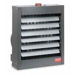 This suspended horizontal unit heater delivers 209,100 BtuH output at 200 °F water, with 4,200 cfm air flow. It features a 2-inch threaded female NPT connection and a standard fan guard. Overall dimensions are 30-1/4 in x 27-7/8 in x 17-3/4 in. Suitable for heating commercial and industrial spaces such as warehouses and factories.