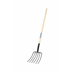 This agricultural fork features a steel head and a straight wood handle measuring 54 inches. It is suited for moving manure, compost, hay, or other loose materials in farm and garden settings.
