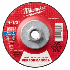 This MILWAUKEE Type 27 combination wheel is designed for cutting and grinding carbon and stainless steel. It measures 4-1/2" diameter by 1/8" thickness with a 5/8"-11 arbor hole. The zirconia alumina grain with 24 grit provides aggressive material removal in metal fabrication and repair tasks.