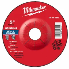 This MILWAUKEE grinding wheel is a Type 27 depressed-center wheel with dimensions 5" diameter, 1/4" thickness, and 7/8" arbor hole. It is made of aluminum oxide abrasive at 30 grit, designed for general-purpose grinding on carbon and stainless steel. Typical applications include weld preparation, deburring, and surface blending in fabrication and maintenance work.
