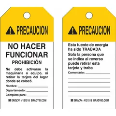 Heavy duty polyester caution tag with a write-on surface, preprinted with 'Comentario' in Spanish. Used for lockout/tagout and hazard communication to mark equipment warnings or safety precautions in industrial environments.