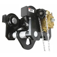 This geared trolley is designed for moving hoists along tapered beams in overhead material handling systems. It has a maximum hoist load capacity of 40,000 lb and features a steel trolley frame for structural support. Suitable for industrial lifting applications requiring controlled positioning of heavy loads.