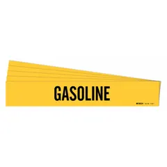 Yellow adhesive pipe marker with black legend reading 'Gasoline'. Fits pipe outer diameters from 2-1/2 to 7-7/8 inches. Supplied in a 5-pack with one marker per pack. No directional arrows. Used to identify gasoline lines in piping systems.