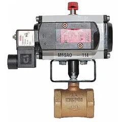 This pneumatically actuated butterfly valve features a bronze body and stainless steel disc, designed for corrosive chemicals and salt water media. It does not include a pilot solenoid. Typical applications include flow control in chemical processing, marine, and water treatment systems where corrosion resistance is required.