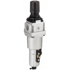 Aluminum filter-regulator with 1 in NPT ports, 193 cfm flow, 40 micron filtration, and 7-145 psi pressure range. Removes particulates and regulates compressed air in industrial pneumatic systems for machining, material handling, and plant automation.