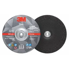 Type 27 depressed center grinding wheel for carbon and stainless steel. Ceramic abrasive with 36 grit for heavy stock removal and weld grinding. 9" diameter, 1/4" thickness, 5/8"-11 arbor. Silver Series.