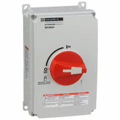 Non-fusible disconnect switch rated 60 A, 600V AC, three-phase. Non-metallic housing with red handle, UL Listed, includes neutral assembly. Suitable for indoor and outdoor use as a means to isolate electrical circuits.